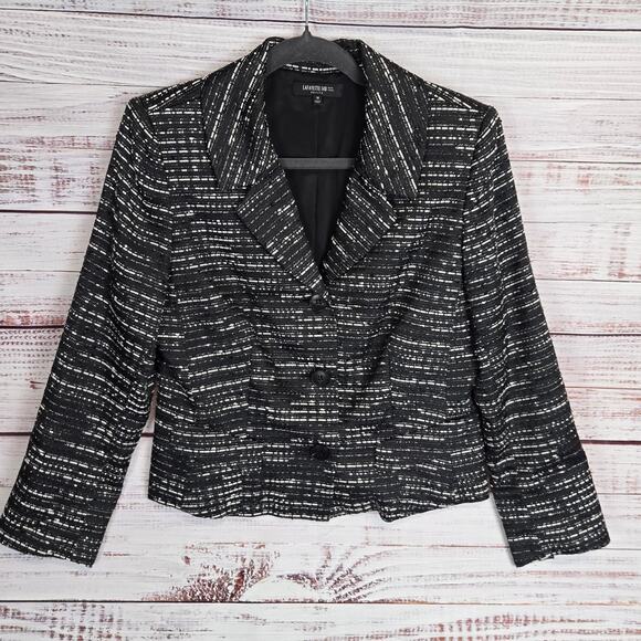 Lafayette 148 Black White Crop Tweed Blazer 10 Petite Prep Academia Quiet Money - Picture 1 of 13